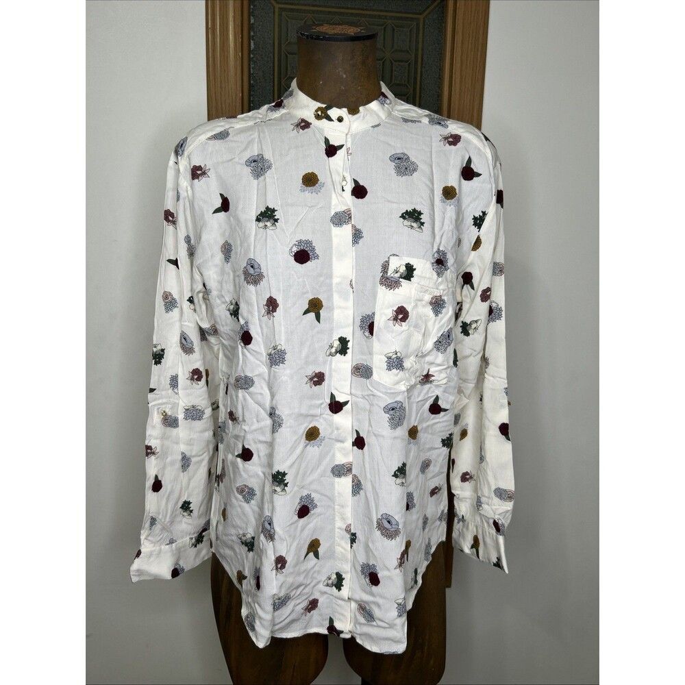 Zara Basics Floral Button Shirt Small Cream Roll Sleeve Cottagecore Preppy